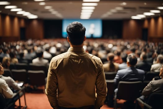 A man stands confidently as a crowd of people eagerly listen and watch him speak.