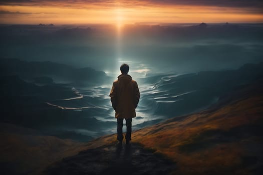 A person standing on a hill, gazing at the glowing sun.