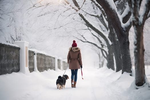 A woman walks two dogs in the snowy outdoors, creating a picturesque winter scene.
