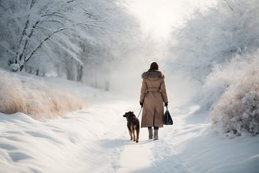 A woman walks her dog down a snow-covered road on a winter day.