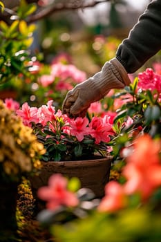 A gardener takes care of azaleas in the garden. Selective focus. Nature.