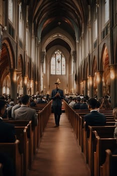 A man is seen gracefully walking down the aisle of a beautiful church during a wedding ceremony.