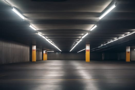 A desolate parking structure illuminated by a mixture of yellow and white lights.