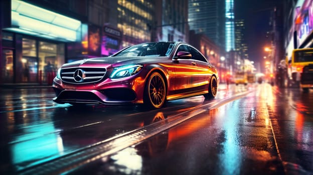 Night car driving downtown colorful on city streets , like colorful flashes, flash light  , Generate AI