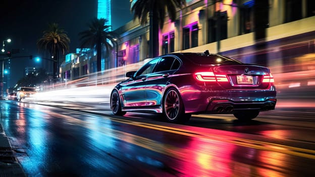 Night car driving downtown colorful on city streets , like colorful flashes, flash light  , Generate AI