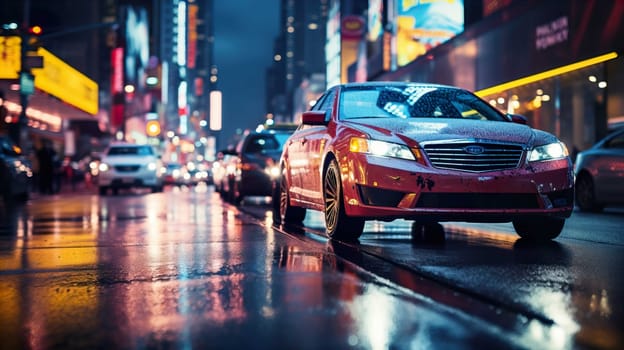 Night car driving downtown colorful on city streets , like colorful flashes, flash light  , Generate AI