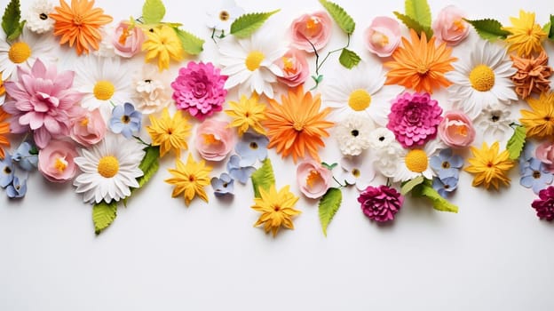 Spring and summer decorations background with beautiful wild flowers. Copy space for text banner