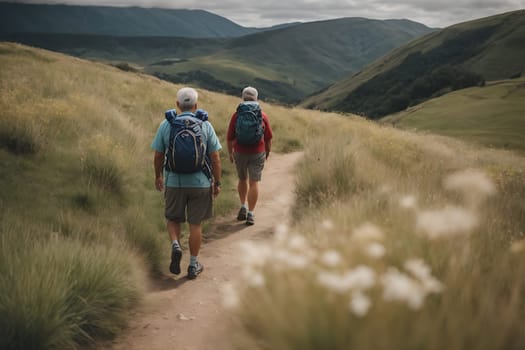 A diverse group of individuals walking together along a dirt road in a rural setting.