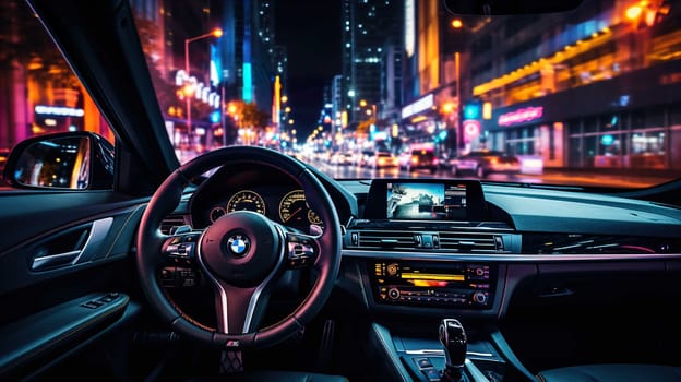 Night car driving downtown colorful on city streets , like colorful flashes, flash light  , Generate AI