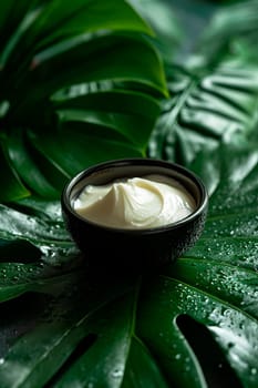 Cosmetics cream on a background of leaves. Selective focus. Nature.