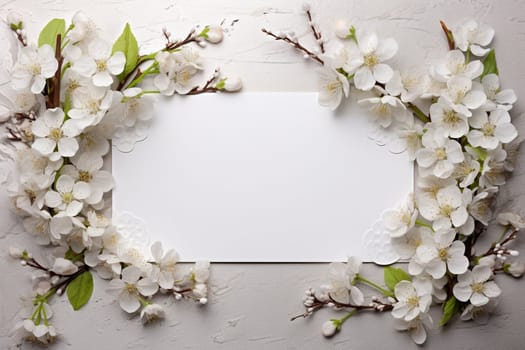 Spring decorations background with beautiful white wild flowers. Copy space for text banner