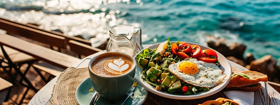 Breakfast avocado eggs and coffee by the sea. Selective focus. Food.