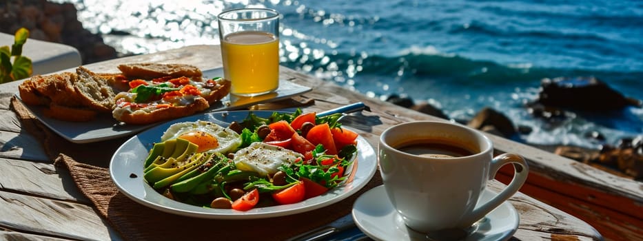 Breakfast avocado eggs and coffee by the sea. Selective focus. Food.