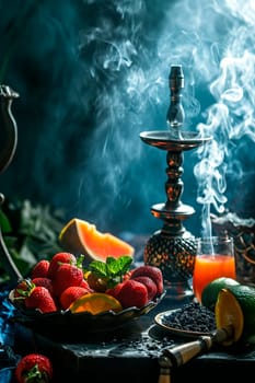 hookah in smoke with fruit. Selective focus. nature.