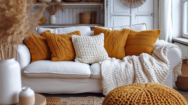 Sofa with pillows close-up in the living room.