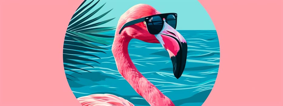 Pink flamingo with glasses drawing. Selective focus. Sea.