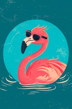 Pink flamingo with glasses drawing. Selective focus. Sea.