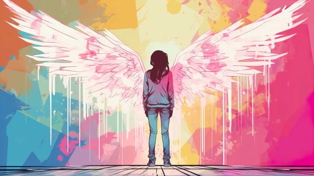 Teenage girl standing against angel wings graffiti on pink wall , Generate AI