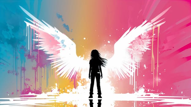 Teenage girl standing against angel wings graffiti on pink wall , Generate AI