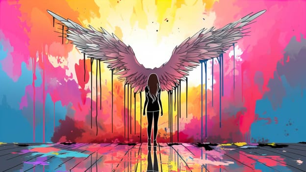 Teenage girl standing against angel wings graffiti on pink wall , Generate AI