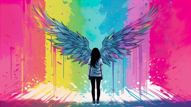 Teenage girl standing against angel wings graffiti on pink wall , Generate AI