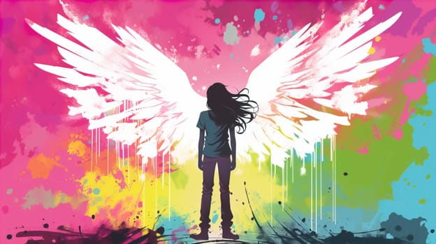 Teenage girl standing against angel wings graffiti on pink wall , Generate AI