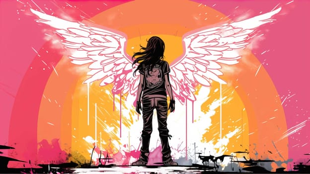 Teenage girl standing against angel wings graffiti on pink wall , Generate AI