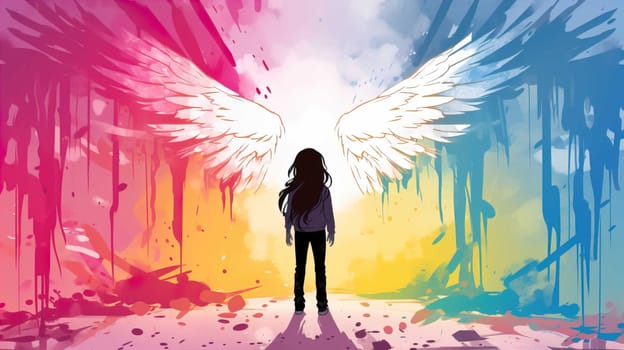 Teenage girl standing against angel wings graffiti on pink wall , Generate AI