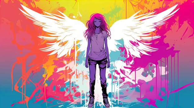 Teenage girl standing against angel wings graffiti on pink wall , Generate AI