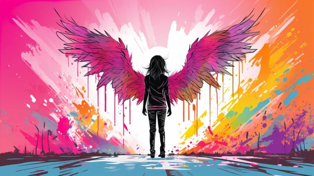 Teenage girl standing against angel wings graffiti on pink wall , Generate AI