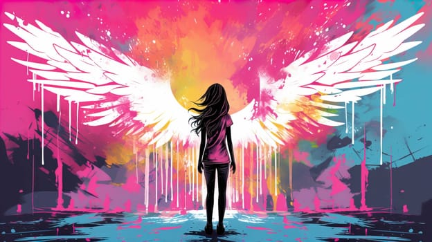 Teenage girl standing against angel wings graffiti on pink wall , Generate AI