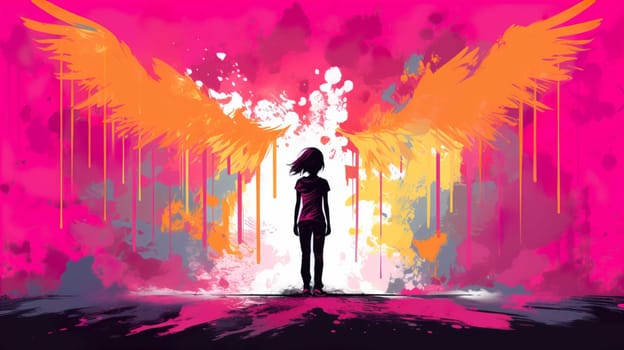 Teenage girl standing against angel wings graffiti on pink wall , Generate AI