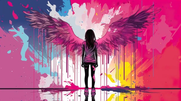 Teenage girl standing against angel wings graffiti on pink wall , Generate AI