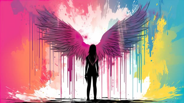 Teenage girl standing against angel wings graffiti on pink wall , Generate AI