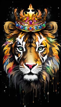 illlustration Tiger king face , with crown gold , rainbow splash smoke , white background Generate AI