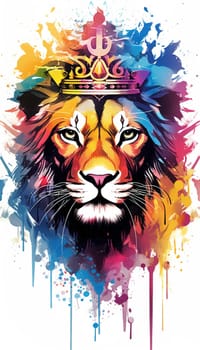 illlustration Tiger king face , with crown gold , rainbow splash smoke , white background Generate AI