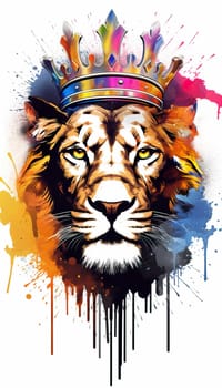 illlustration Tiger king face , with crown gold , rainbow splash smoke , white background Generate AI