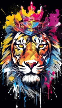 illlustration Tiger king face , with crown gold , rainbow splash smoke , white background Generate AI