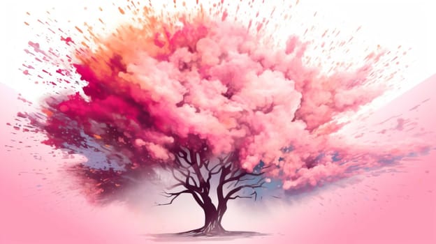 shady tree with leaves, pink splash smoke explosion background, pastel color palette Generate Ai