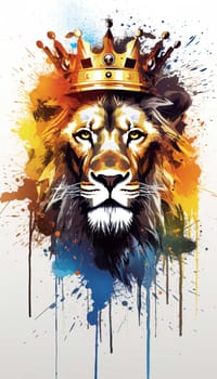 illlustration lion king face , with crown gold , rainbow splash smoke , Generate AI