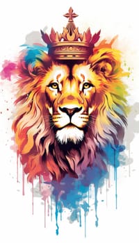 illlustration lion king face , with crown gold , rainbow splash smoke , Generate AI