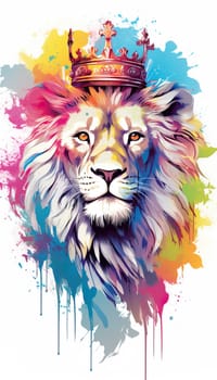 illlustration lion king face , with crown gold , rainbow splash smoke , Generate AI