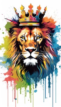 illlustration lion king face , with crown gold , rainbow splash smoke , Generate AI