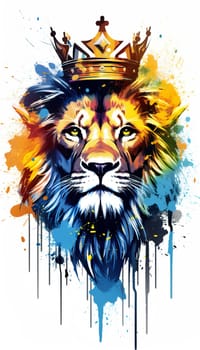 illlustration lion king face , with crown gold , rainbow splash smoke , Generate AI