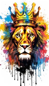 illlustration lion king face , with crown gold , rainbow splash smoke , Generate AI