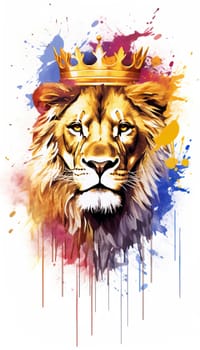 illlustration lion king face , with crown gold , rainbow splash smoke , Generate AI