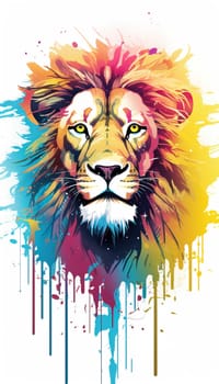 illlustration lion king face , with crown gold , rainbow splash smoke , Generate AI