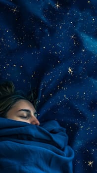 young woman sleeping comfortably under a blue blanket, passing through a star-studded night sky, giving the impression of being enveloped in space, vertical, copy space