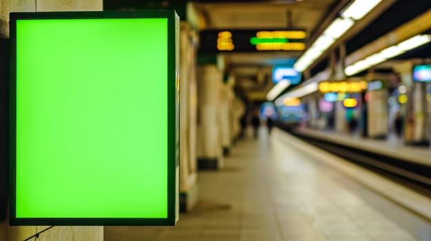 empty green advertising screen in a subway setting with a blurred background showing a metro station platform and an approaching tran.