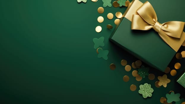Green and gold gift boxes on green background, top view AI